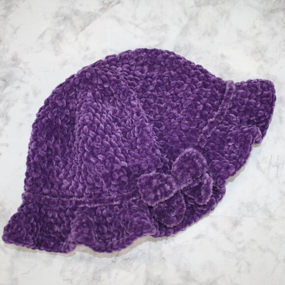 HAND CRAFTED Hat Crochet Bucket Chenille Winter Medium Ruffle Wide Brim Purple
